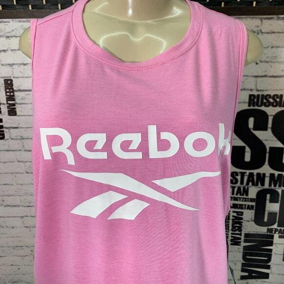 Reebok XL Pink Logo Open Back Vector Crop Muscle Tee - Picture 2 of 6